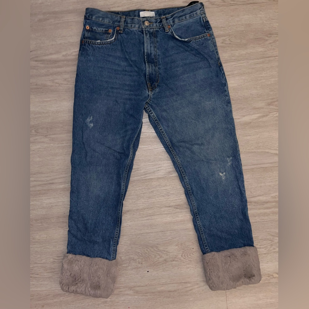 Zara Relaxed Blue Jeans with Brown Fur Cuffs 10